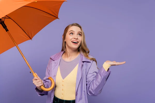 Jovem alegre no casaco de trincheira gesticulando enquanto segurando guarda-chuva laranja isolado em roxo — Fotografia de Stock