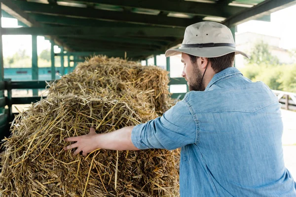 Bauer mit Hut stapelt Heu bei der Arbeit auf dem Hof im Freien — Stockfoto