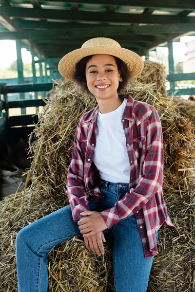 Alegre africano americano granjero sonriendo a cámara mientras sentado en haystack - foto de stock