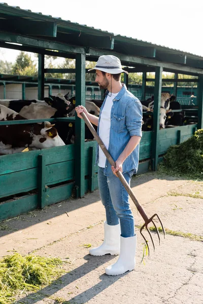 Visão de comprimento total do agricultor com palheiro em pé perto de estábulo na fazenda de laticínios — Fotografia de Stock