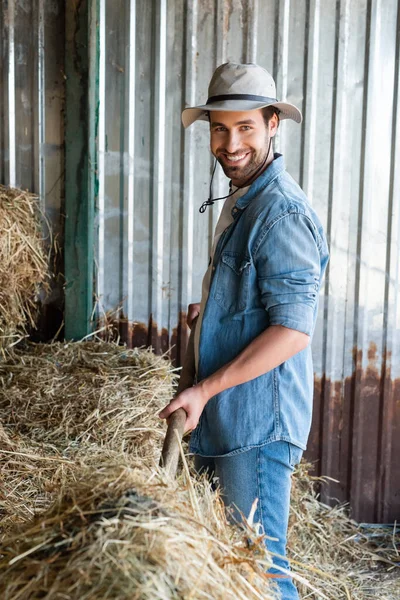 Весёлый фермер смотрит в камеру, укладывая сено на ферме — стоковое фото