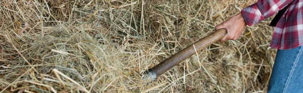 Cropped view of african american farm worker stacking hay, banner — Stock Photo