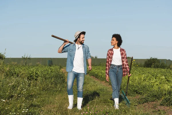 Vista completa de los jóvenes agricultores interracial sonriendo entre sí mientras caminan en el campo - foto de stock