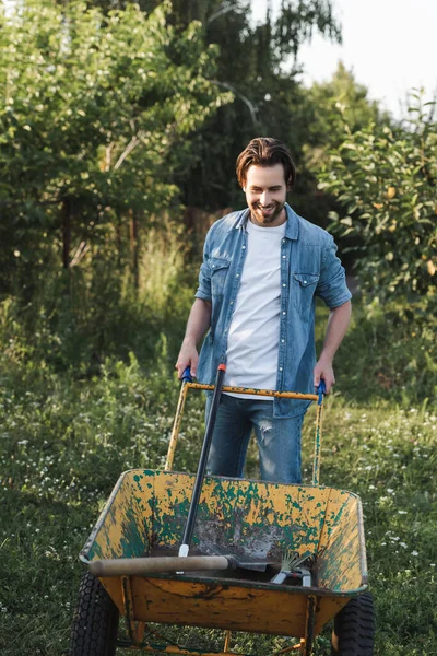 Granjero sonriente en ropa de mezclilla cerca de carretilla con herramientas de jardinería - foto de stock