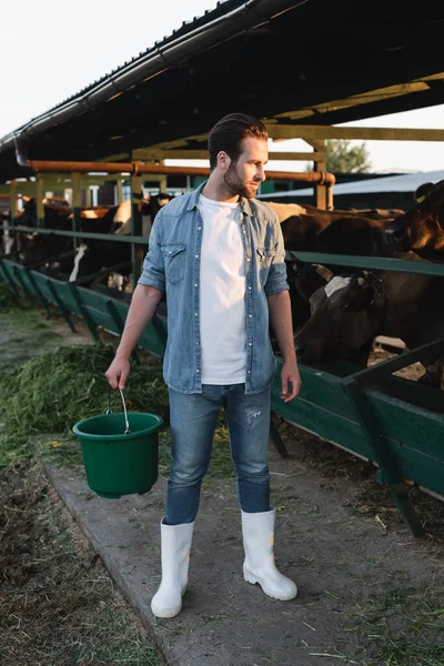 Visão de comprimento total do agricultor com balde perto de galpão na fazenda de laticínios — Fotografia de Stock