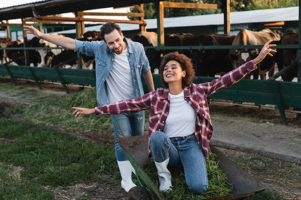 Excited interracial farmers having fun with wheelbarrow near blurred cowshed — Stock Photo