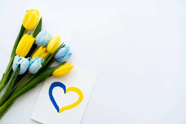 Vue du dessus de la carte avec symbole du cœur douloureux près des tulipes jaunes et bleues sur fond blanc — Photo de stock