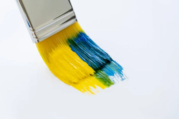 Close up view of blue and yellow paints on paintbrush on white background — Stock Photo