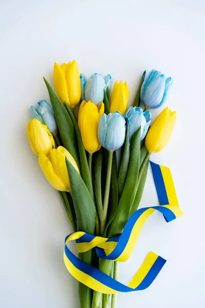 Vue du dessus du bouquet de tulipes avec ruban bleu et jaune sur fond blanc — Photo de stock