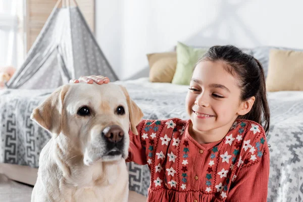 Feliz preteen menina acariciando cabeça de labrador em casa — Fotografia de Stock