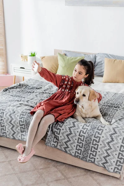 Pleine longueur vue de preteen fille prendre selfie avec labrador sur lit à la maison — Photo de stock