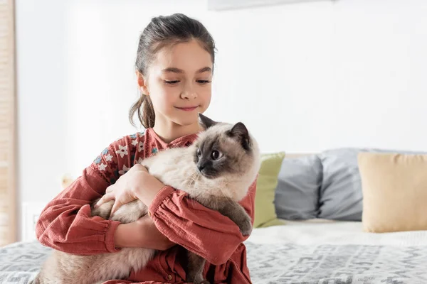 Felice ragazza abbracciando peloso gatto a casa in camera da letto — Foto stock