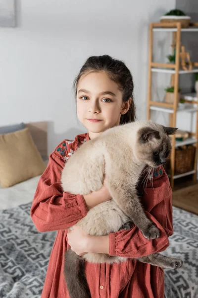 Preteen Mädchen lächelt in die Kamera, während sie Katze zu Hause umarmt — Stockfoto