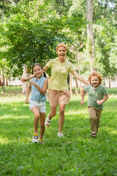 Visão de comprimento total de crianças excitadas com a mãe correndo no parque de verão — Fotografia de Stock