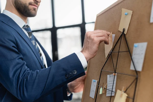 Vue recadrée de l'homme d'affaires épingler note collante sur le carton-liège dans le bureau — Photo de stock