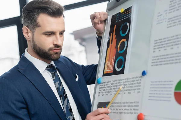 Economista apontando com lápis para gráficos em flip chart no escritório — Fotografia de Stock