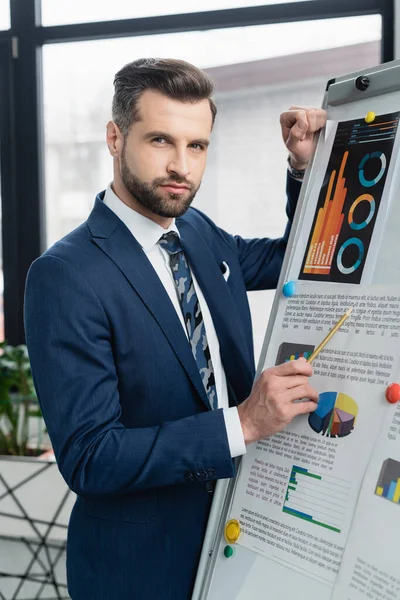 Economist in blue blazer pointing at infographics on flip chart and looking at camera — Stock Photo