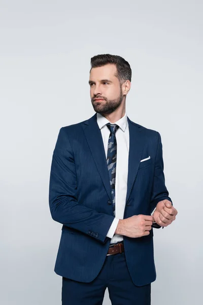 Successful businessman in blue suit looking away isolated on grey — стоковое фото