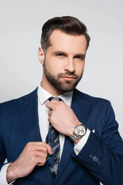 Confident businessman in blue blazer adjusting tie isolated on grey — стоковое фото