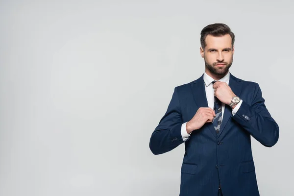 Brunette businessman adjusting tie while looking at camera isolated on grey — стоковое фото