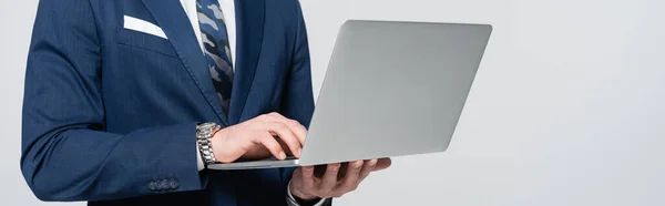 Частичный взгляд экономиста в синем блейзере, печатающего на ноутбуке изолированный на сером, баннер — стоковое фото