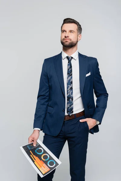 Thoughtful economist with infographics standing with hand in pocket and looking away isolated on grey — Stock Photo