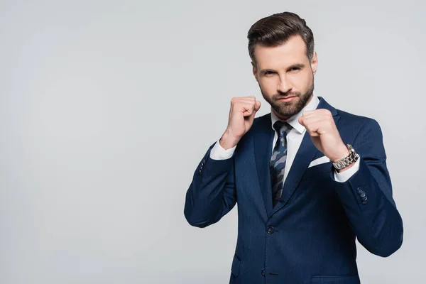 Serious businessman with clenched fists looking at camera isolated on grey — Stock Photo