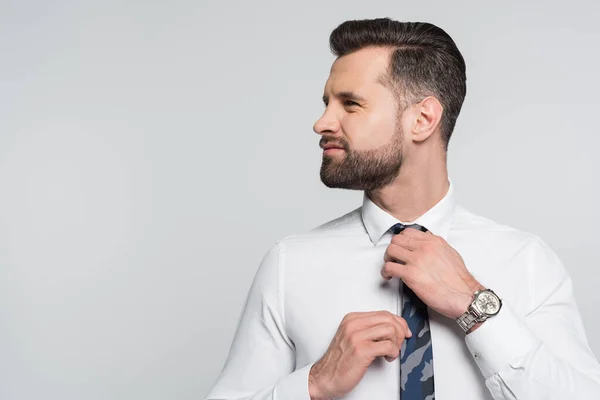Брюнетка-економіст у білій сорочці регулює краватку, дивлячись ізольовано на сірому — стокове фото