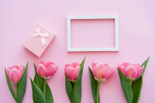 Vue du haut de la rangée avec des tulipes en fleurs près boîte cadeau et cadre sur rose — Photo de stock