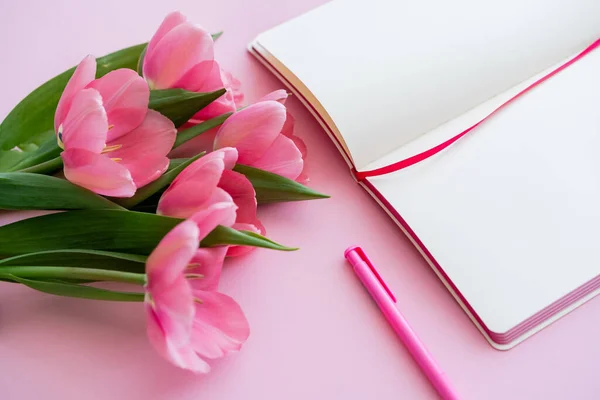 Vista de ángulo alto de tulipanes cerca del cuaderno en blanco y la pluma en rosa - foto de stock