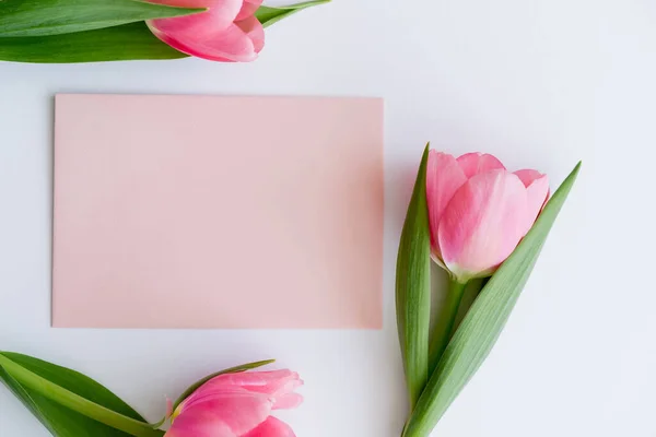 Vista superior de tulipas rosa perto do envelope pastel no branco — Fotografia de Stock