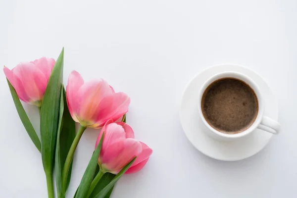 Draufsicht auf Tasse Kaffee in der Nähe von rosa Tulpen auf weiß — Stockfoto