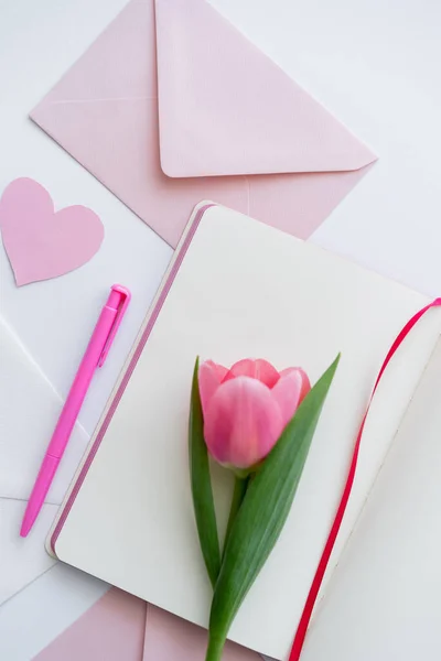 Vista dall'alto di tulipano su notebook vicino a buste e cuore di carta su bianco — Foto stock