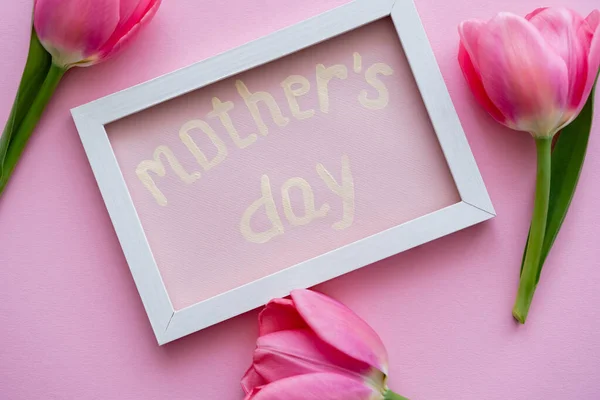 Vista superior de la tarjeta de felicitación con letras de día de las madres en marco blanco cerca de tulipanes en rosa - foto de stock