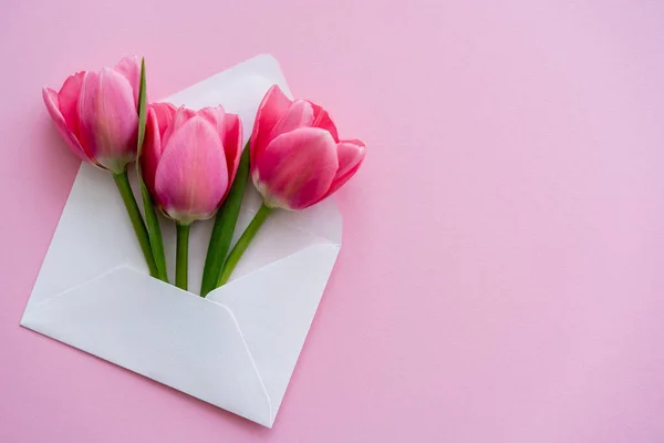 Top view of blooming tulips in white envelope on pink, mothers day concept — Stock Photo