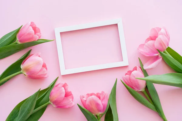 Flat lay of blossoming tulips with green leaves near frame on pink, mothers day concept — Stock Photo