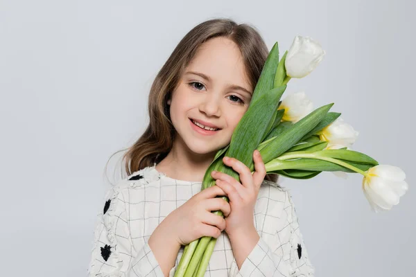 Задоволена дівчина тримає весняні тюльпани біля обличчя і дивиться на камеру ізольовано на сірому — стокове фото