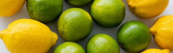 Top view of lemons and limes on white background, banner — Fotografia de Stock