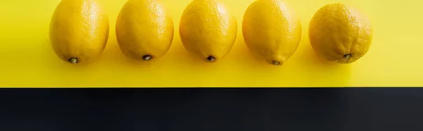 Вид зверху на ряд стиглих лимонів на чорно-жовтому тлі, банер — стокове фото