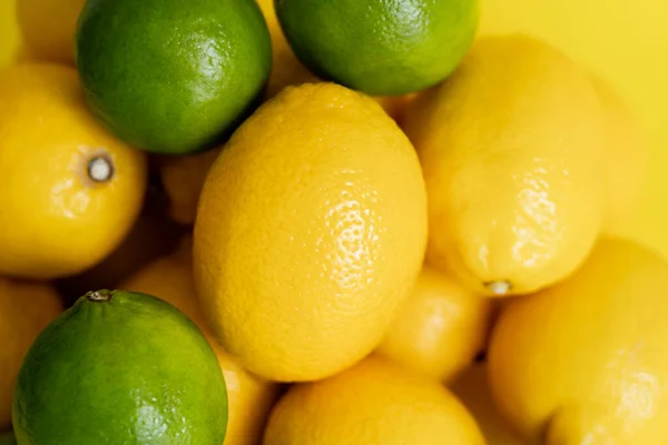 Vista de cerca de limones maduros y limas en la superficie amarilla - foto de stock