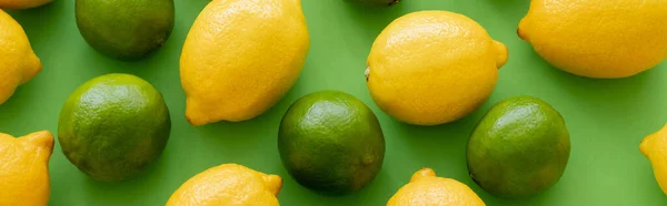 Top view of juicy lemons and limes on green background, banner — Stock Photo