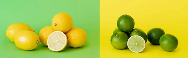 Juicy fresh limes and lemons on green and yellow background, banner — Stockfoto