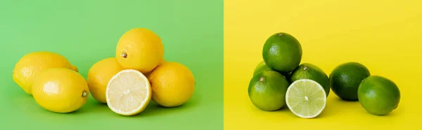 Juicy fresh limes and lemons on green and yellow background, banner — стоковое фото