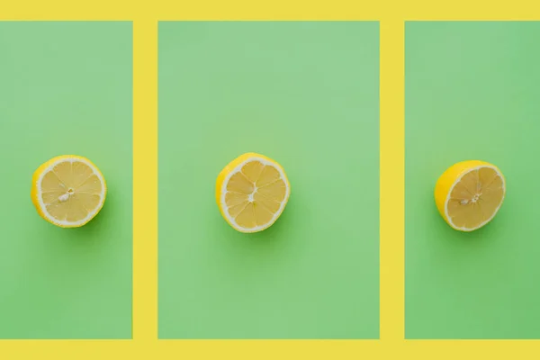 Top view of halves of lemons on green and yellow background - foto de stock