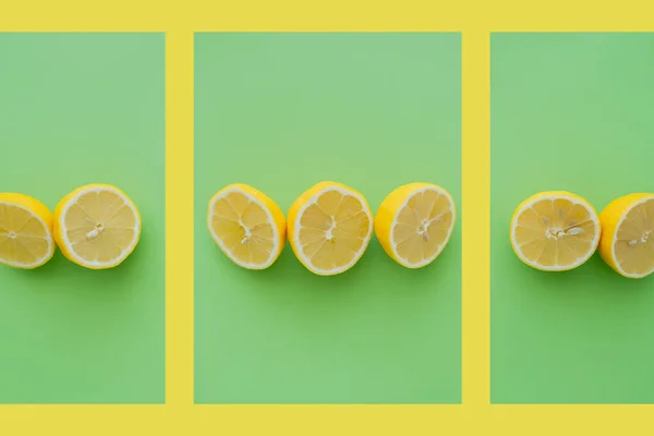 Top view of halves of fresh lemons on green and yellow background — Fotografia de Stock