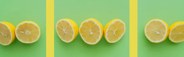 Top view of cut juicy lemons on green and yellow background, banner - foto de stock