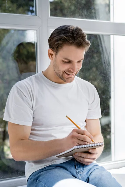 Sonriente hombre escribiendo en el diario cerca de la ventana en casa - foto de stock