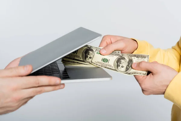 Cropped view of gambler holding dollars near laptop isolated on grey — Photo de stock