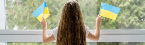 Back view of girl with long hair holding small ukrainian flags near window, banner — Stock Photo