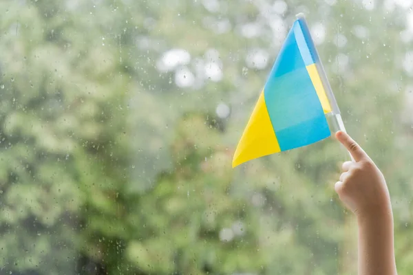 Частичный вид ребенка с маленьким украинским флагом возле окна с капельками дождя — стоковое фото
